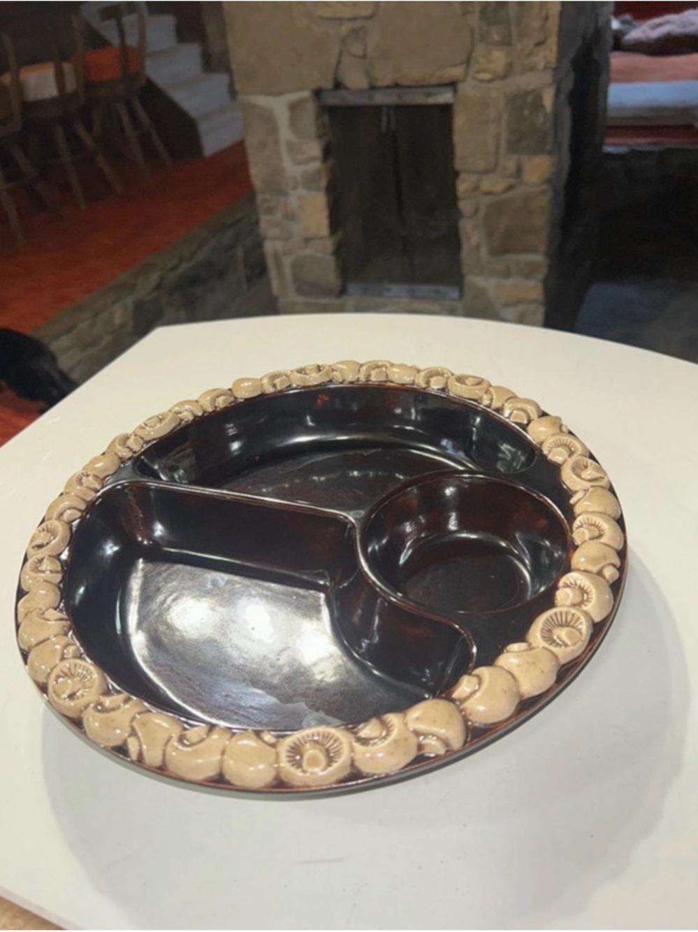 Brown Ceramic Divided Serving Platter with mushroom Decorative Rim